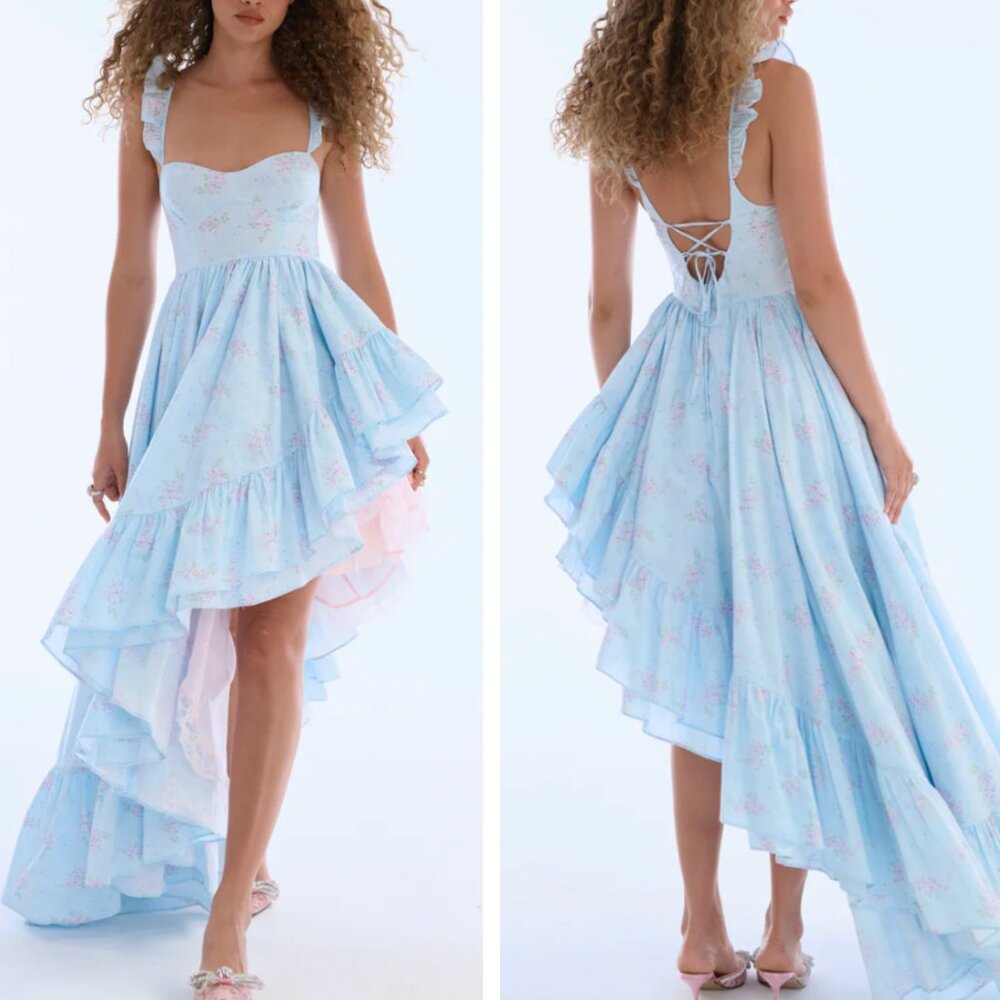 Selkie Light Blue & Pink Floral High-Low Midi Dress - Picture 1 of 10